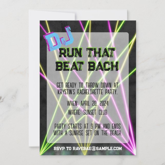 DJ Run that Beat Bachelorette Invitation (Front)