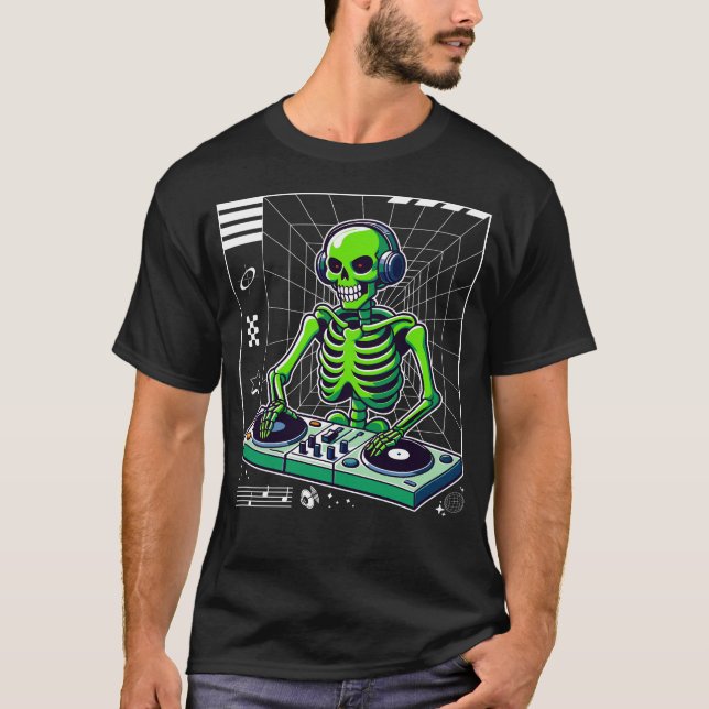 DJ Skeleton at Turntable Club Music DJs T-Shirt (Front)