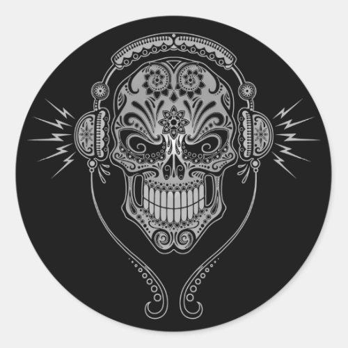 DJ Sugar Skull  Black Classic Round Sticker