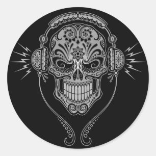 DJ Sugar Skull – Black Classic Round Sticker
