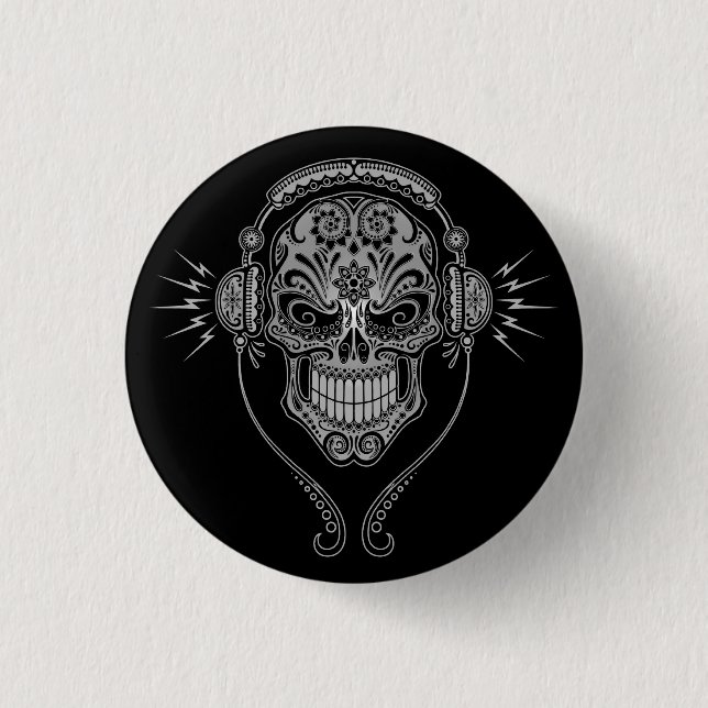 DJ Sugar Skull – Black Pinback Button (Front)
