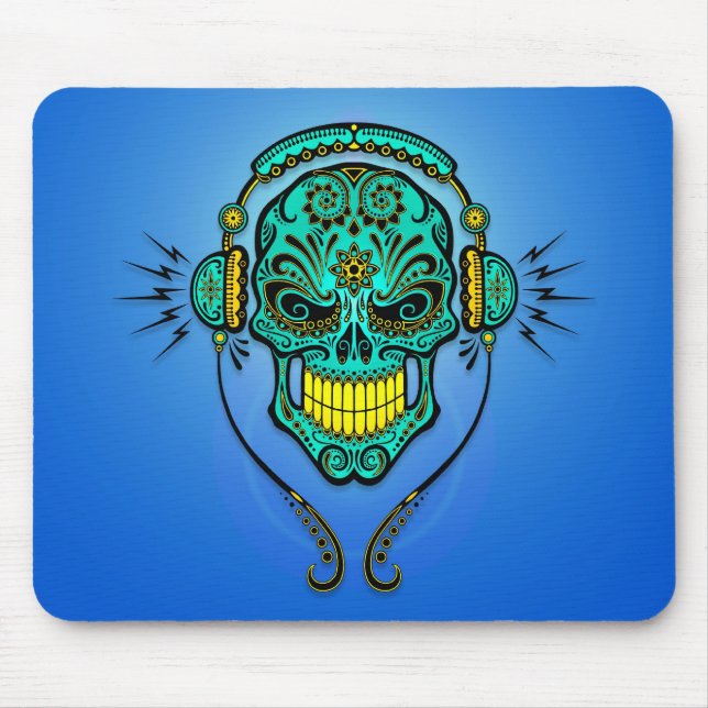 DJ Sugar Skull – Blue and Yellow Mouse Pad (Front)