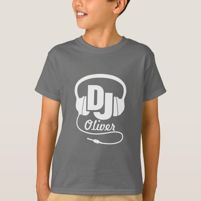 DJ your name white on blue kids t-shirt (Front)