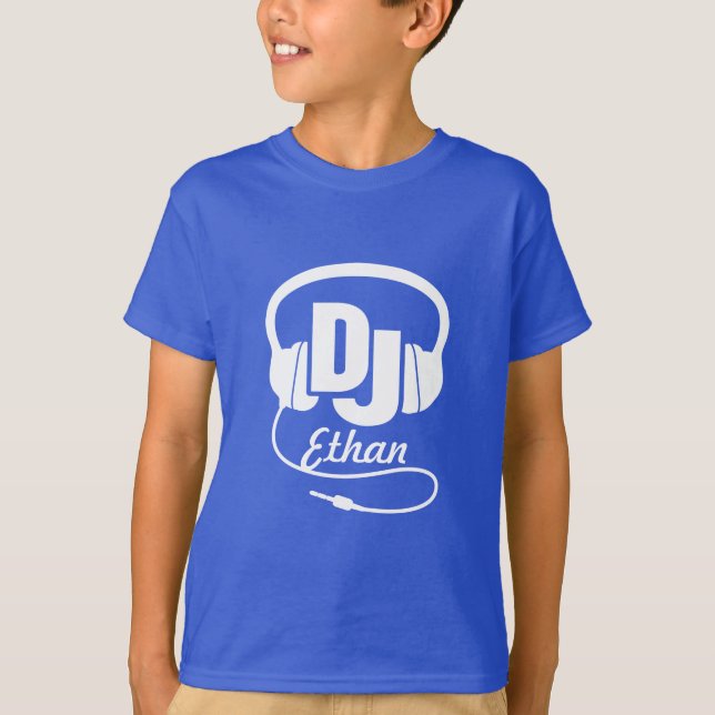 DJ your name white on blue kids t-shirt (Front)