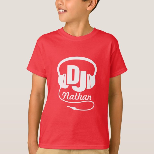 DJ your name white on red kids t-shirt (Front)