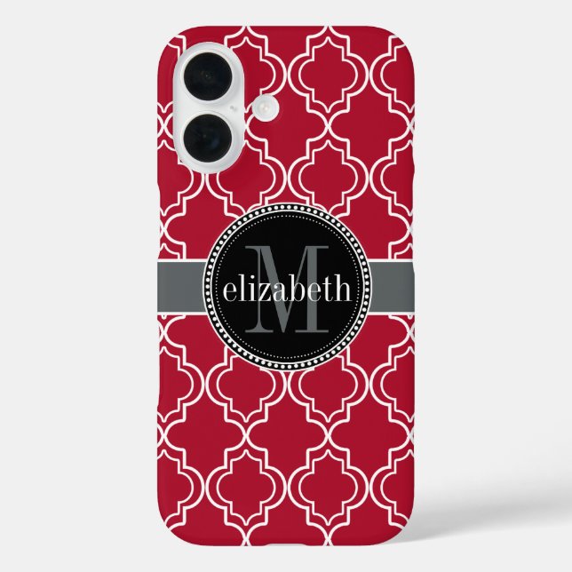 Dk Berry Red Black Moroccan Quatrefoil Monogram Case-Mate iPhone Case (Back)