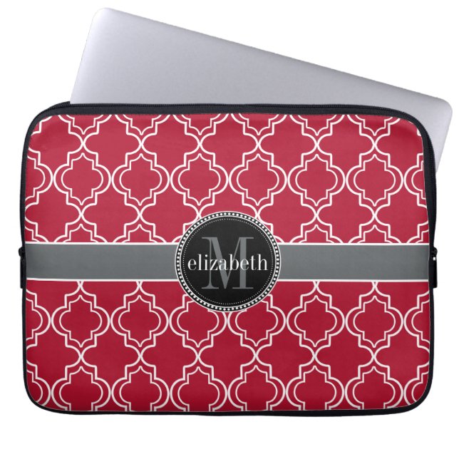 Dk Berry Red Black Moroccan Quatrefoil Monogram Laptop Sleeve (Front)