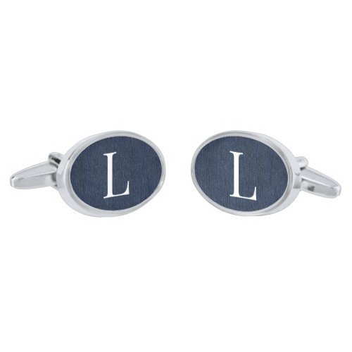 Dk Blue Denim Monogram Oval Silver Plated Cufflinks
