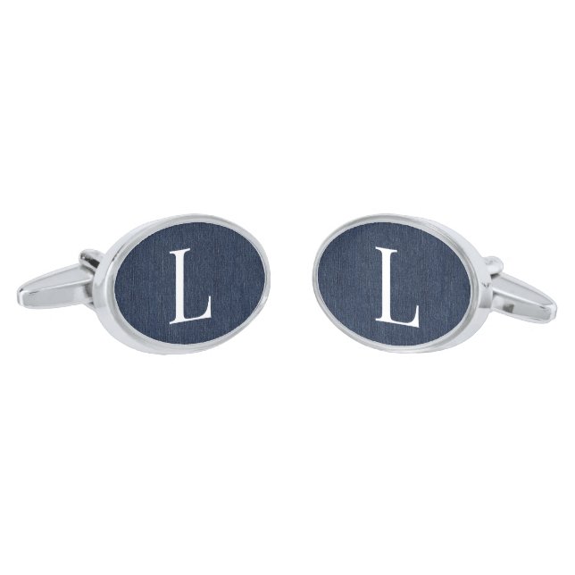 Dk Blue Denim Monogram Oval Silver Plated Cufflinks (Angled)