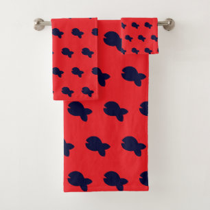Dk Blue Fishy Fishy Kids Guest Bath Red Towel Set