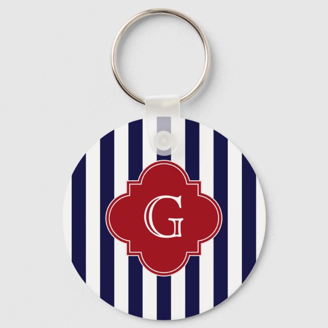 Dk Blue White Stripe Cranberry Quatrefoil Monogram Keychain (Front)