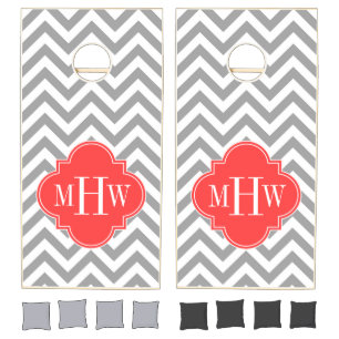 Dk Gray Lg Chevron Coral Red Quatrefoil 3 Monogram Cornhole Set