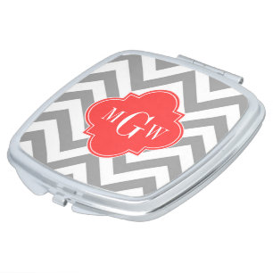 Dk Gray Lg Chevron Coral Red Quatrefoil 3 Monogram Vanity Mirror