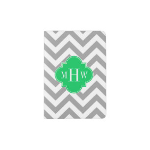 Dk Gray Lg Chevron Emerald Quatrefoil 3 Monogram Passport Holder