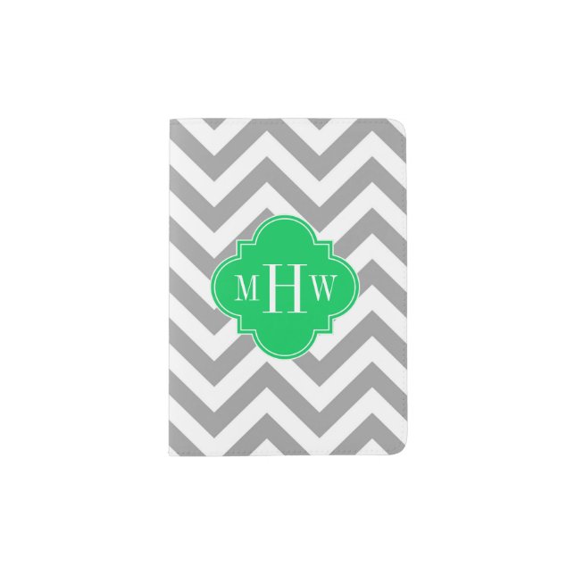 Dk Gray Lg Chevron Emerald Quatrefoil 3 Monogram Passport Holder (Front)