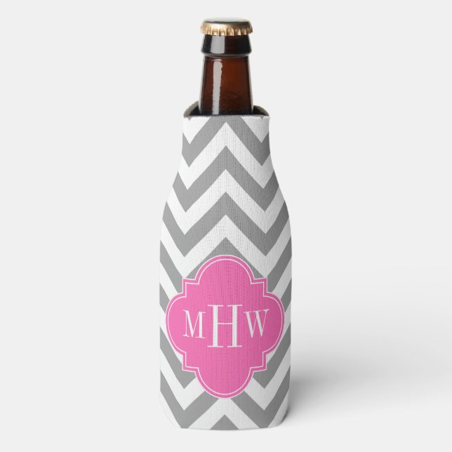 Dk Gray Lg Chevron Hot Pink Quatrefoil 3 Monogram Bottle Cooler (Bottle Front)