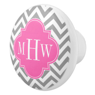 Dk Gray Lg Chevron Hot Pink Quatrefoil 3 Monogram Ceramic Knob