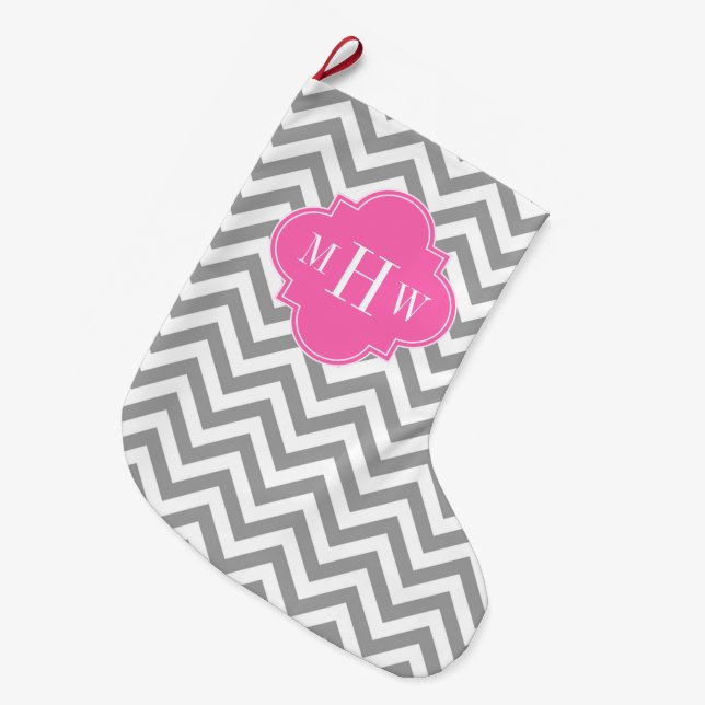 Dk Gray Lg Chevron Hot Pink Quatrefoil 3 Monogram Large Christmas Stocking (Front (Hanging))