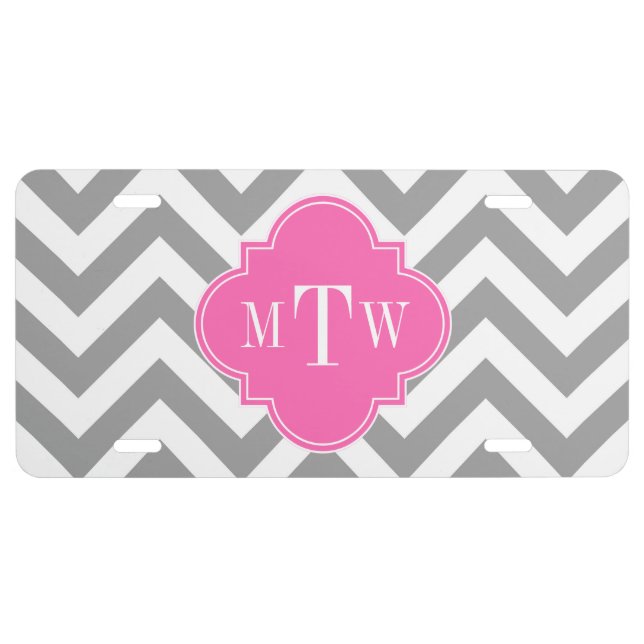 Dk Gray Lg Chevron Hot Pink Quatrefoil 3 Monogram License Plate (Front)