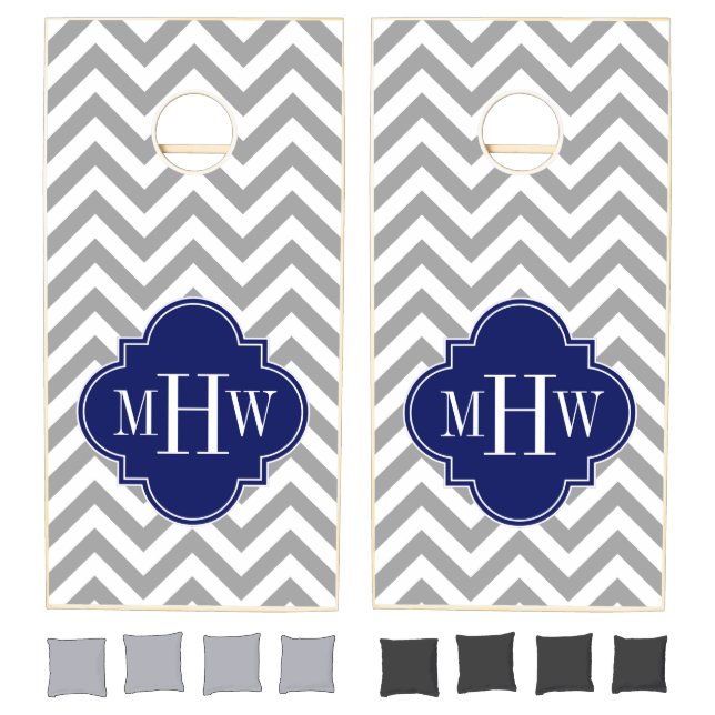 Dk Gray Lg Chevron Navy Quatrefoil 3 Monogram Cornhole Set (Set)