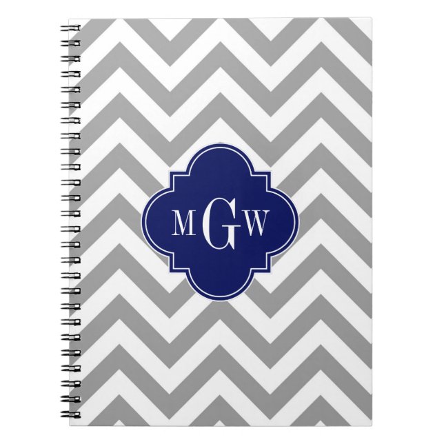 Dk Gray Lg Chevron Navy Quatrefoil 3 Monogram Notebook (Front)
