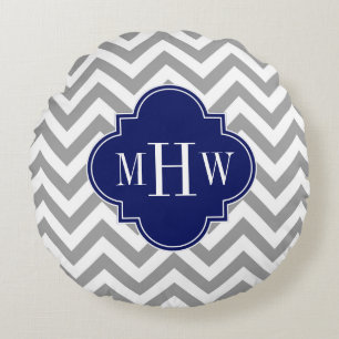 Dk Gray Lg Chevron Navy Quatrefoil 3 Monogram Round Pillow