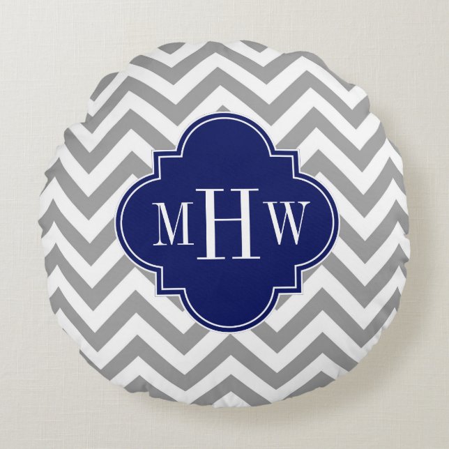 Dk Gray Lg Chevron Navy Quatrefoil 3 Monogram Round Pillow (Front)