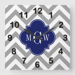 Dk Gray Lg Chevron Navy Quatrefoil 3 Monogram Square Wall Clock