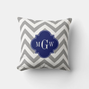 Dk Gray Lg Chevron Navy Quatrefoil 3 Monogram Throw Pillow