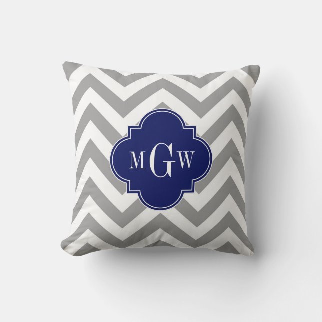 Dk Gray Lg Chevron Navy Quatrefoil 3 Monogram Throw Pillow (Front)