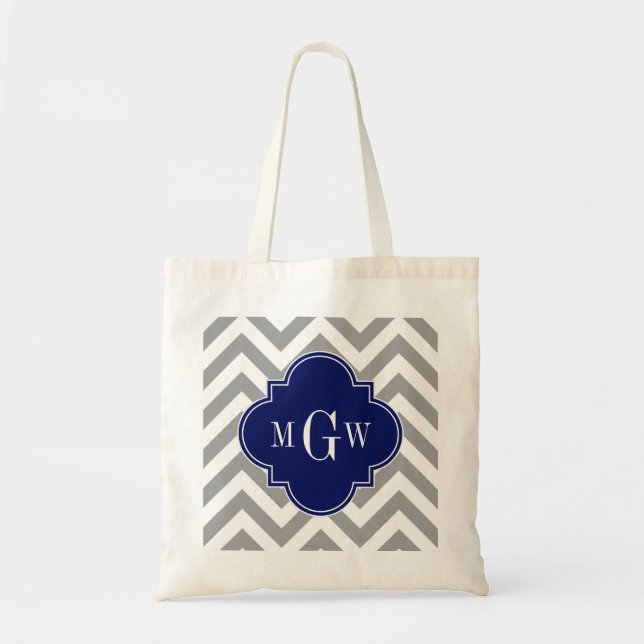 Dk Gray Lg Chevron Navy Quatrefoil 3 Monogram Tote Bag (Front)