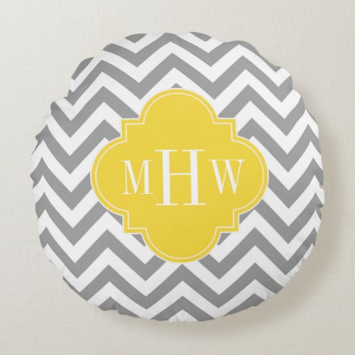 Dk Gray Lg Chevron Pineapple Quatrefoil 3 Monogram Round Pillow