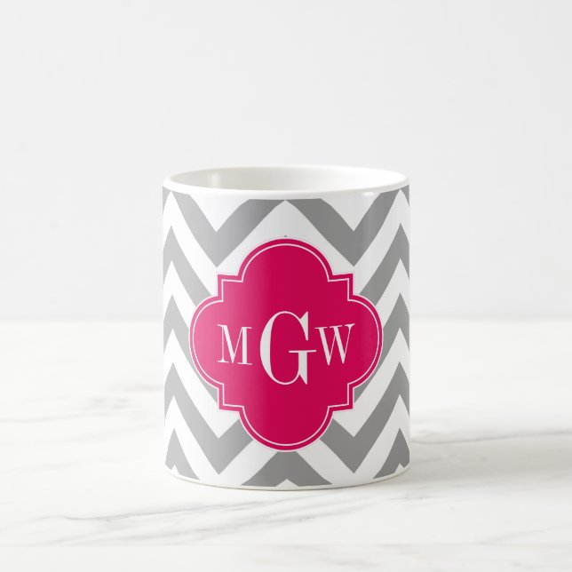 Dk Gray Lg Chevron Raspberry Quatrefoil 3 Monogram Coffee Mug (Center)