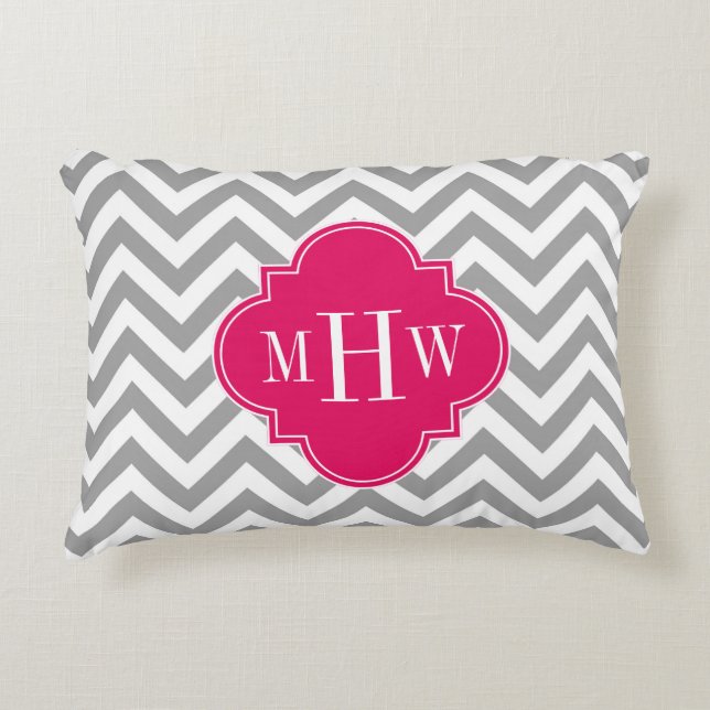 Dk Gray Lg Chevron Raspberry Quatrefoil 3 Monogram Decorative Pillow (Front)