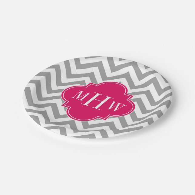 Dk Gray Lg Chevron Raspberry Quatrefoil 3 Monogram Paper Plates (Angled)