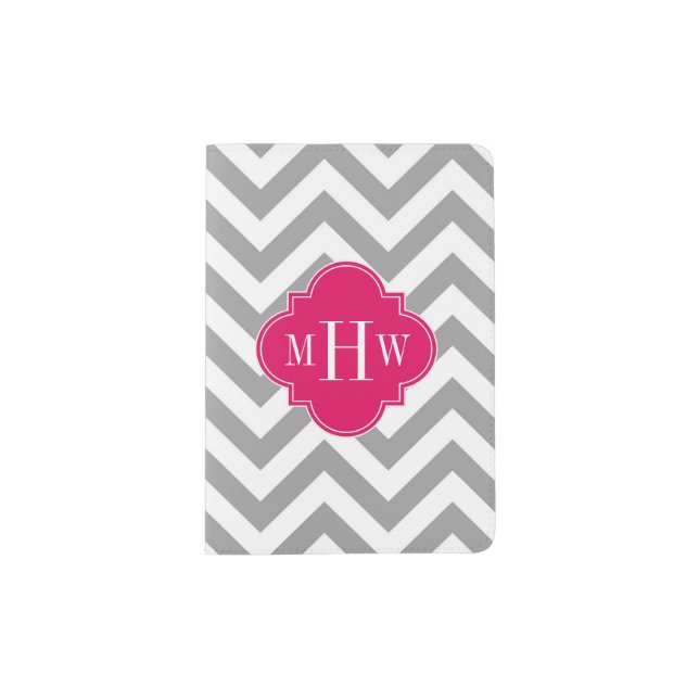Dk Gray Lg Chevron Raspberry Quatrefoil 3 Monogram Passport Holder (Front)