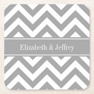 Dk Gray White LG Chevron Dk Gray Name Monogram Square Paper Coaster