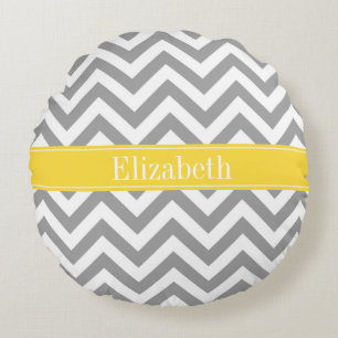 Dk Gray White LG Chevron Pineapple Name Monogram Round Pillow