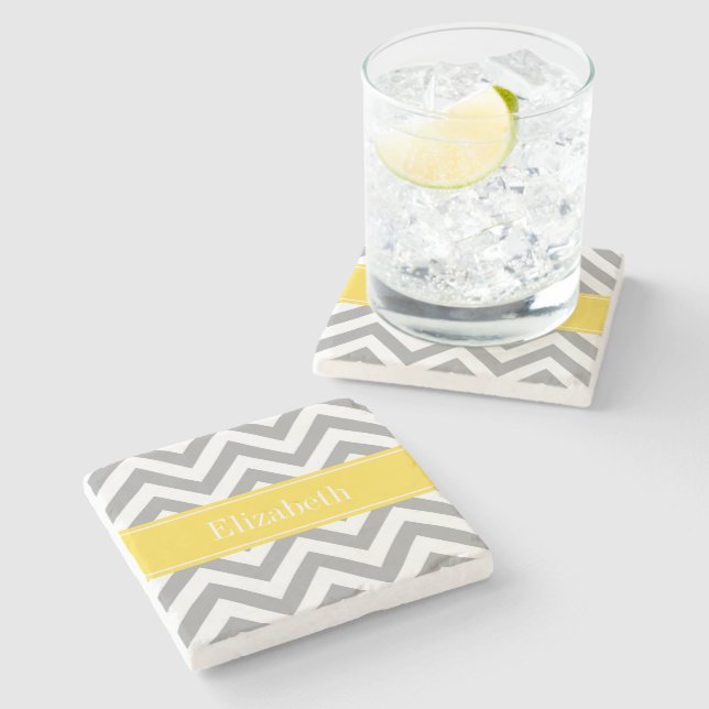 Dk Gray White LG Chevron Pineapple Name Monogram Stone Coaster (Side)