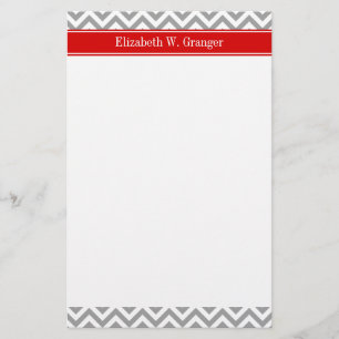 Dk Gray White LG Chevron Red Name Monogram Stationery