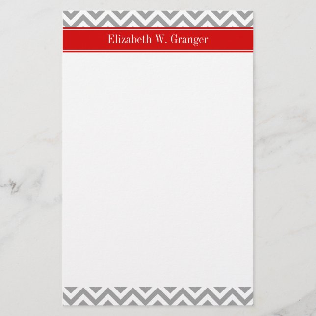Dk Gray White LG Chevron Red Name Monogram Stationery (Front)