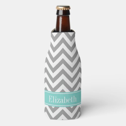 Dk Gray White LG Chevron Turquoise Name Monogram Bottle Cooler