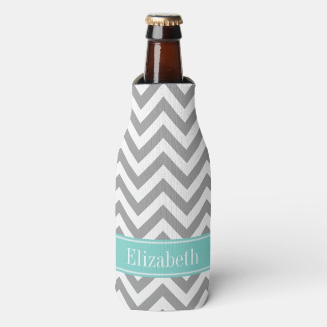 Dk Gray White LG Chevron Turquoise Name Monogram Bottle Cooler (Bottle Front)
