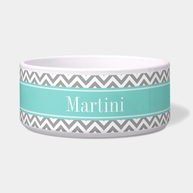 Dk Gray White LG Chevron Turquoise Name Monogram Bowl (Front)