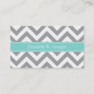 Dk Gray White LG Chevron Turquoise Name Monogram Business Card