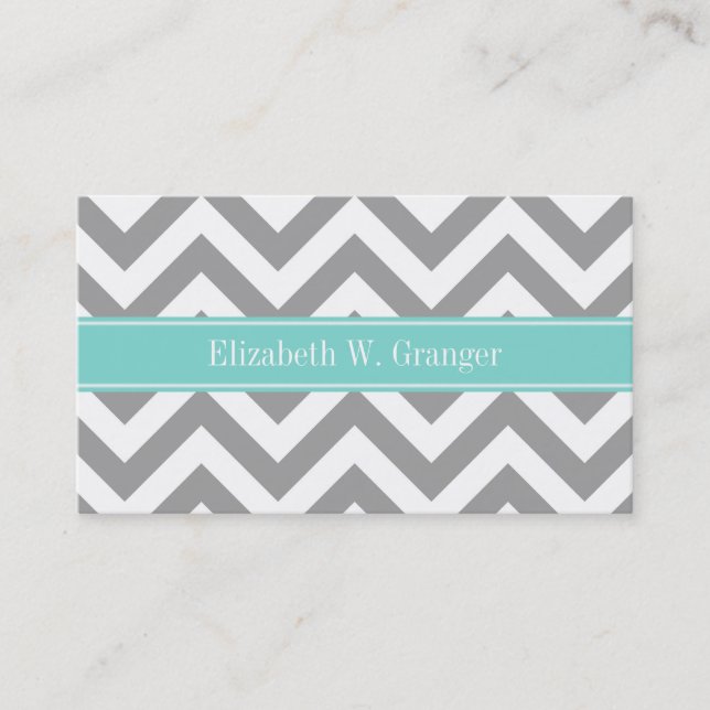 Dk Gray White LG Chevron Turquoise Name Monogram Business Card (Front)