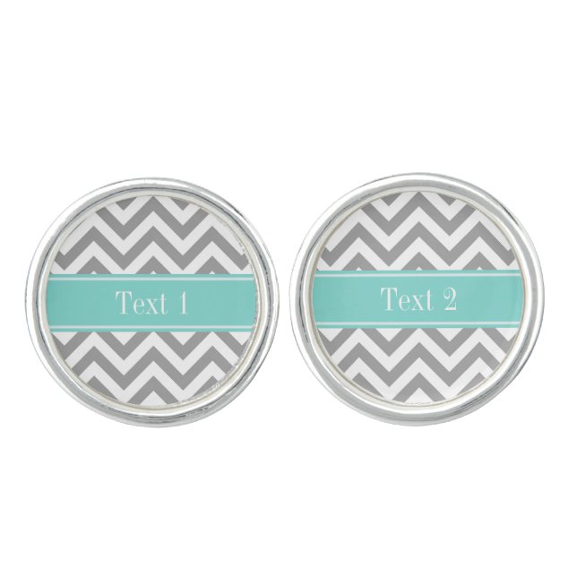 Dk Gray White LG Chevron Turquoise Name Monogram Cufflinks (Front)