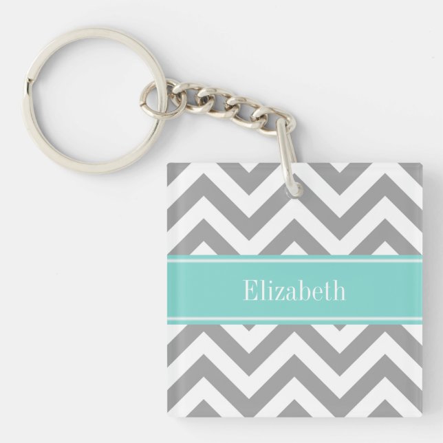 Dk Gray White LG Chevron Turquoise Name Monogram Keychain (Front)