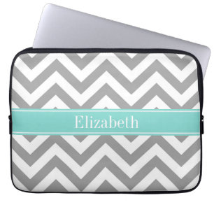 Dk Gray White LG Chevron Turquoise Name Monogram Laptop Sleeve