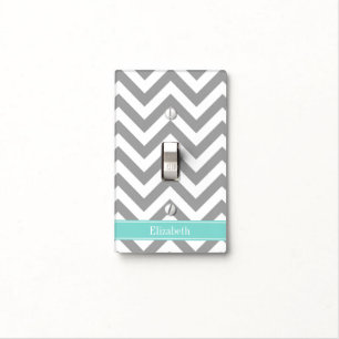 Dk Gray White LG Chevron Turquoise Name Monogram Light Switch Cover